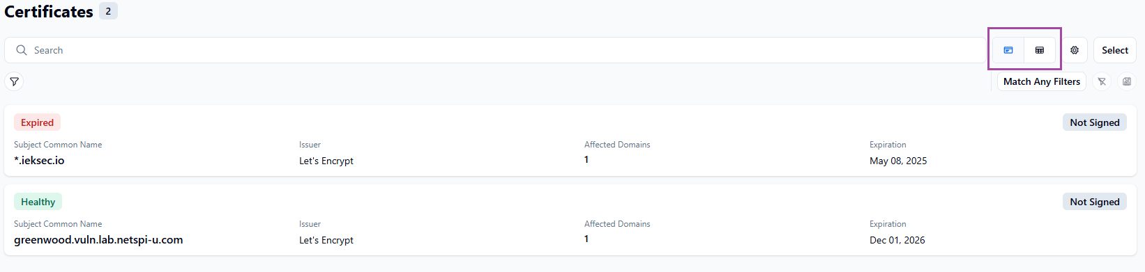 Certificates view options