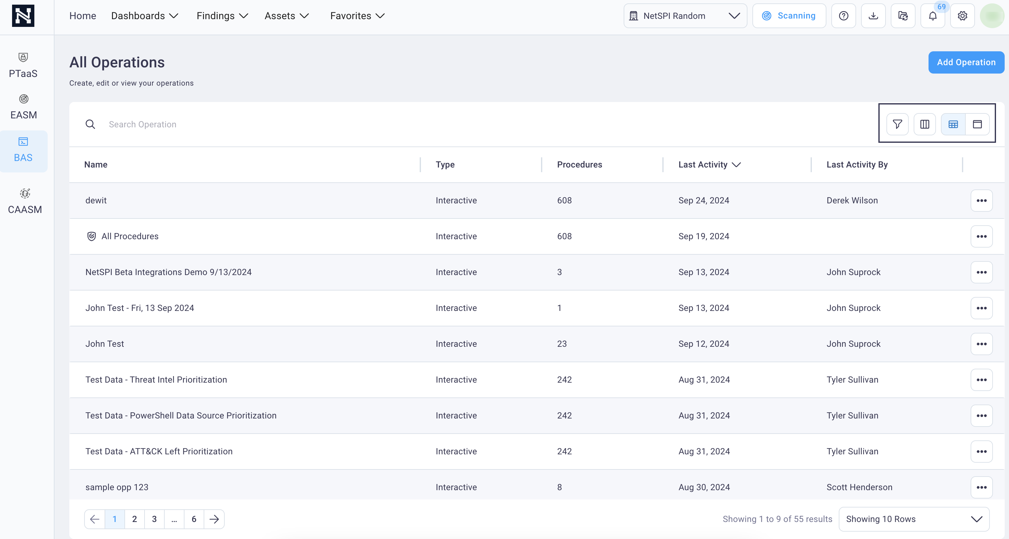 All Operations table view