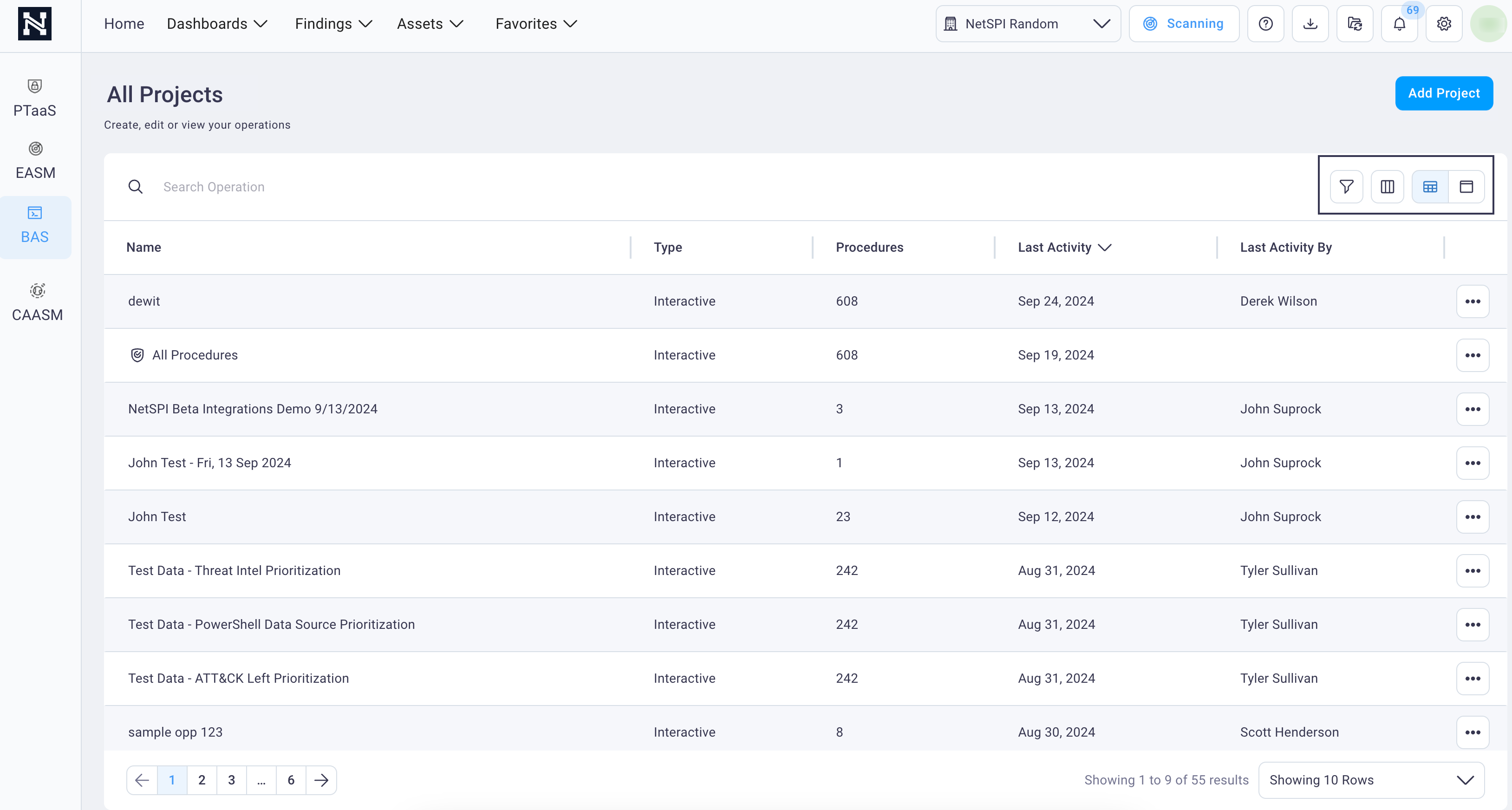 All Projects table view