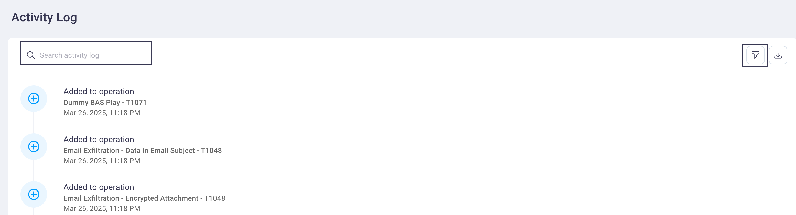 Activity Log Search field and Filter icon