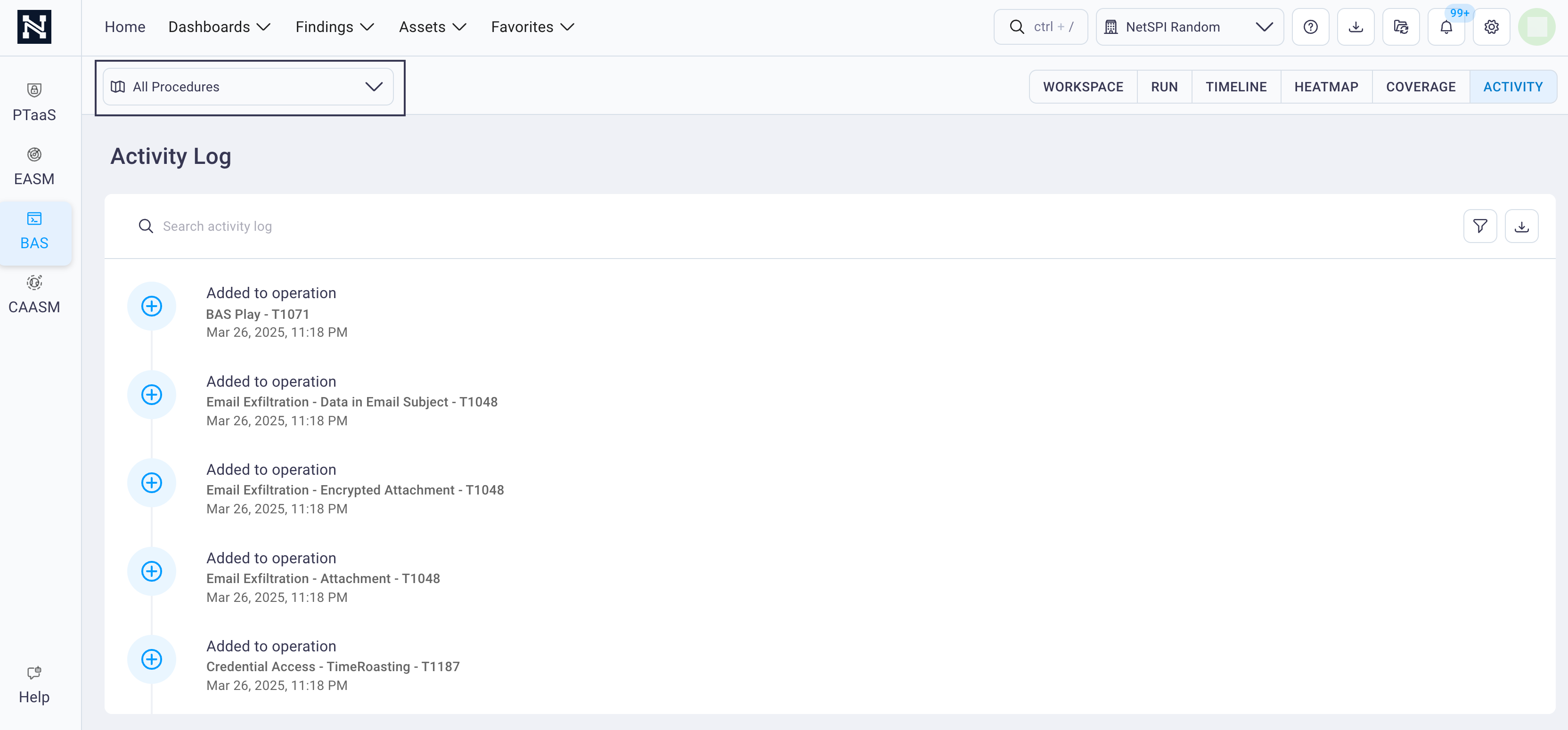 Activity Log procedure selector