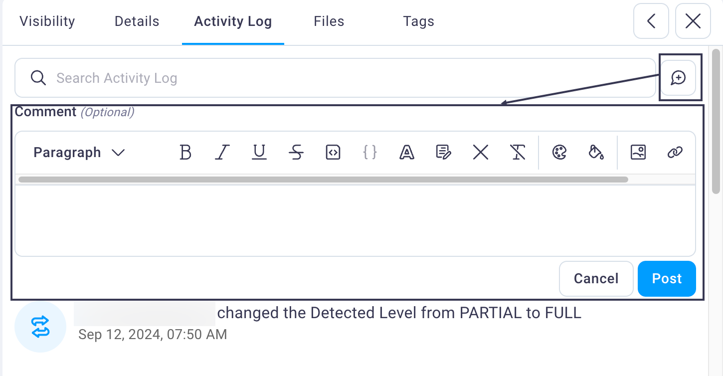 Activity Log Comment dialog box