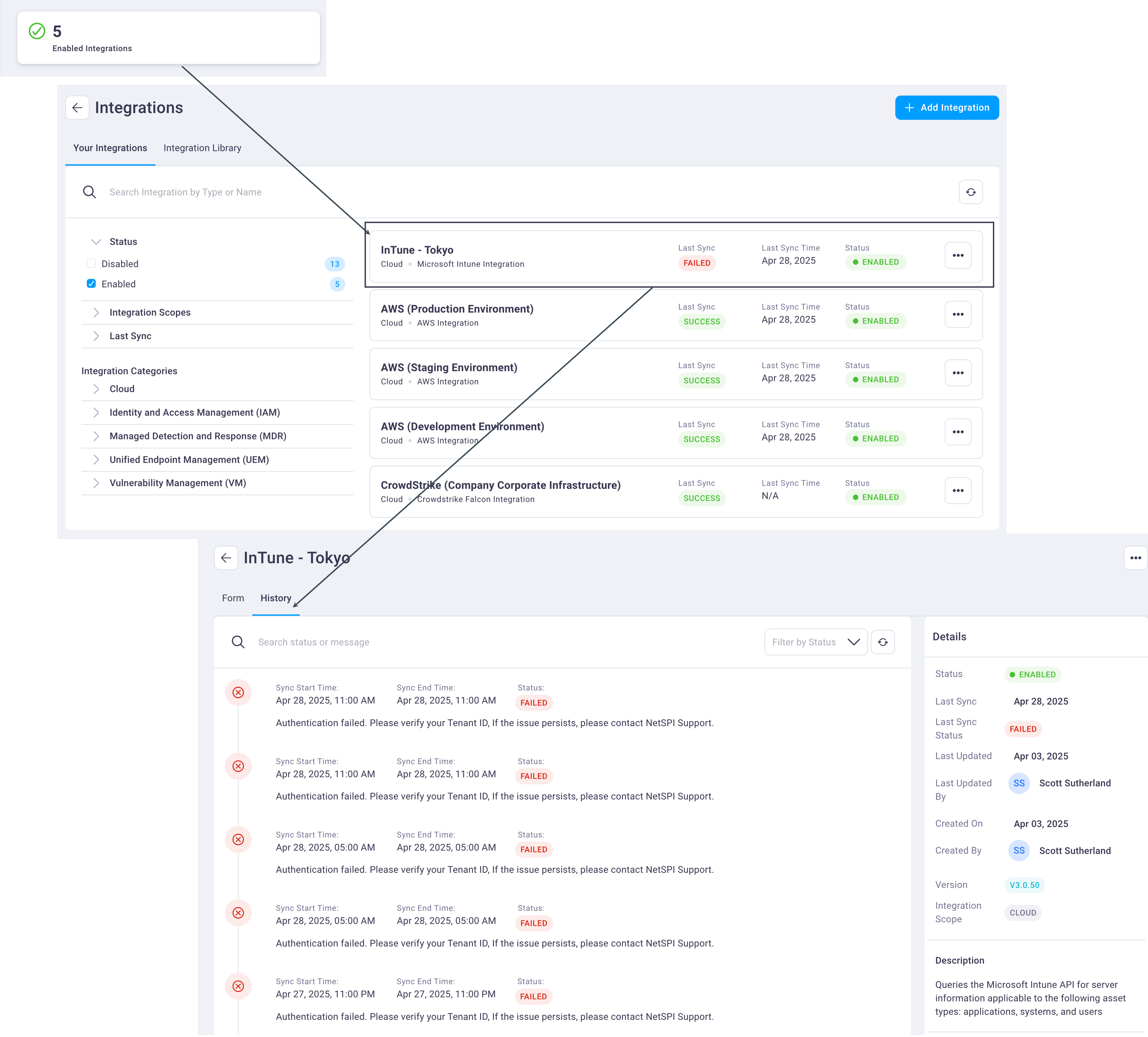 Failed integration's History tab