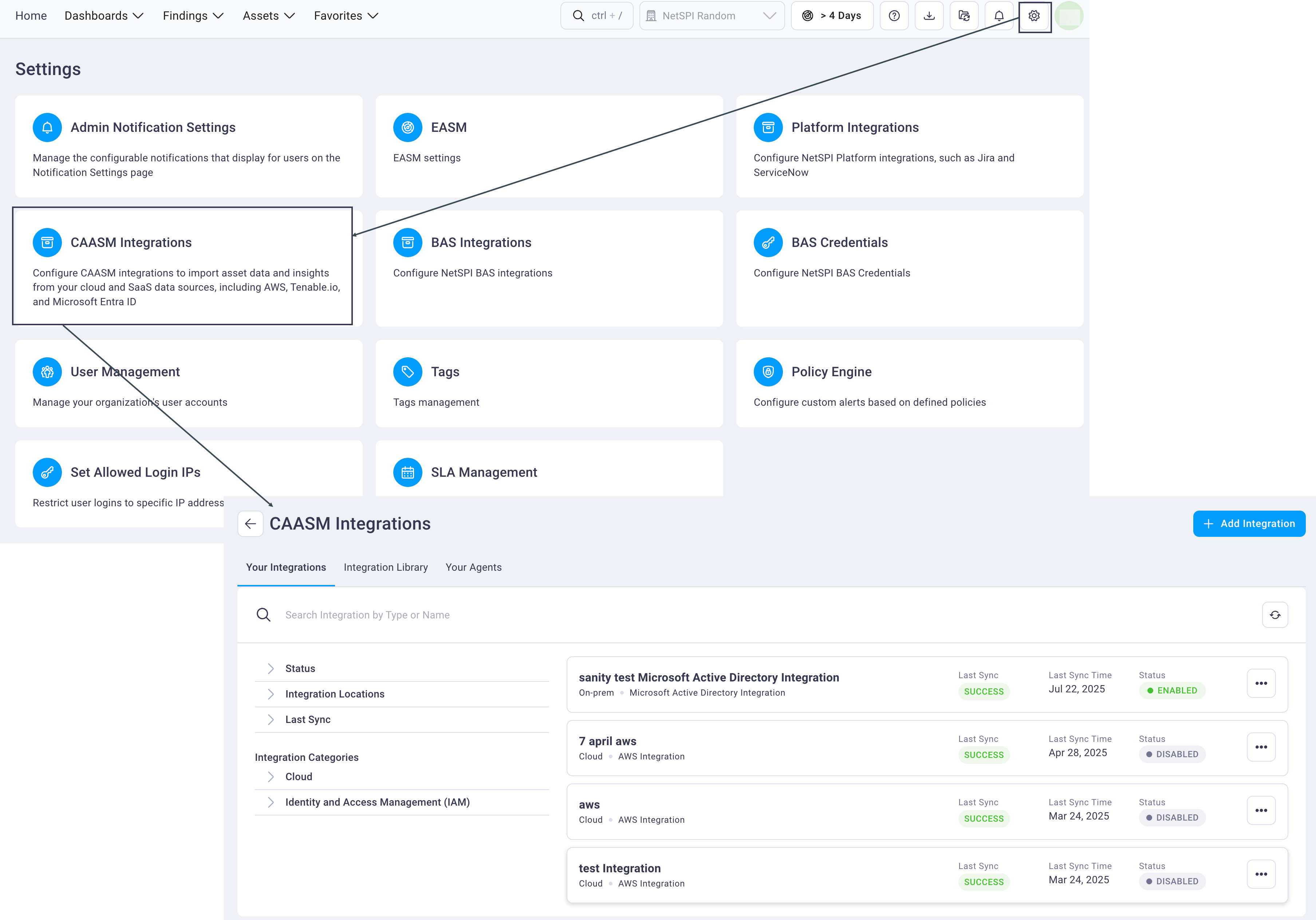 CAASM Integrations page