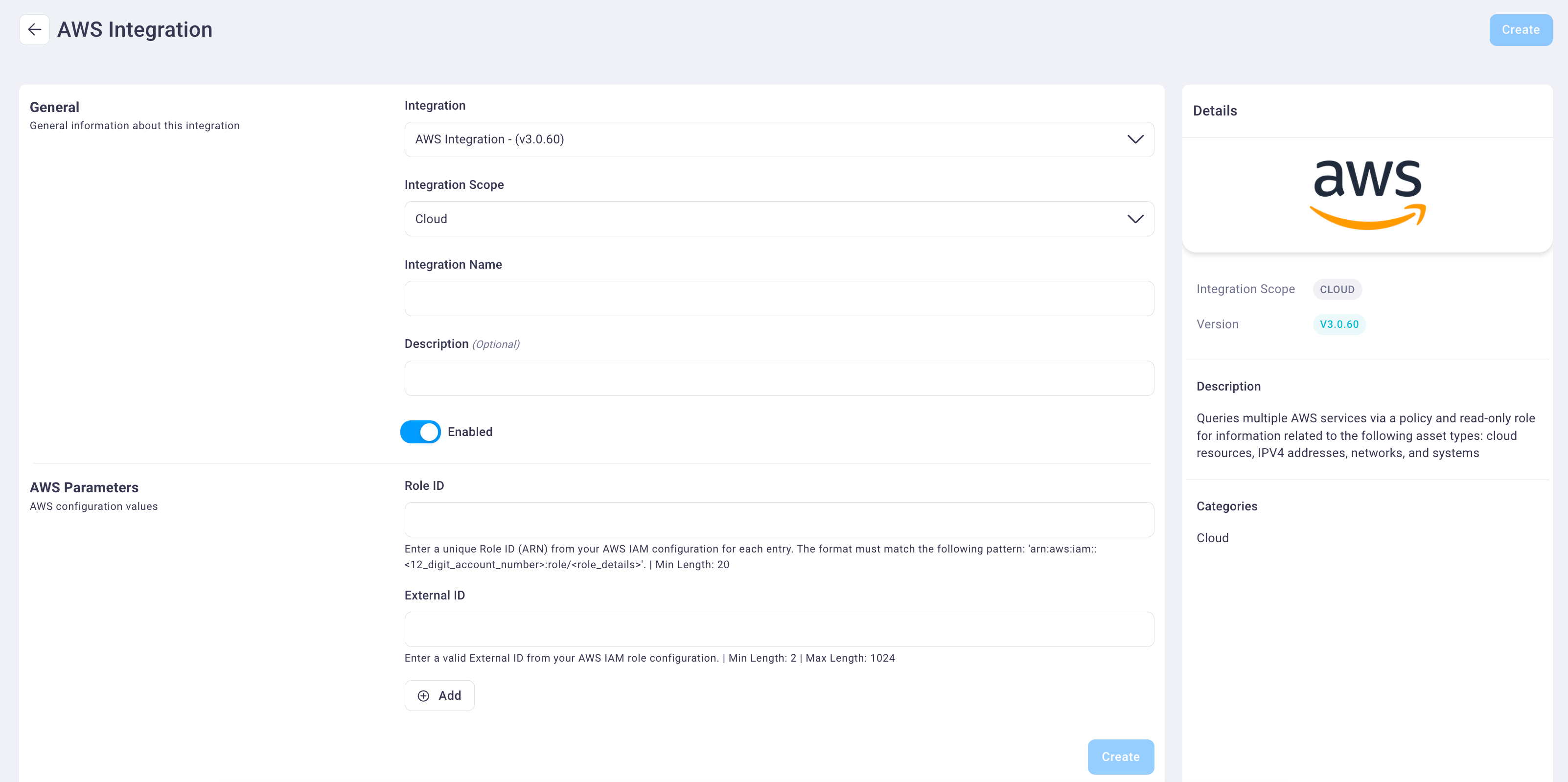 AWS integration page
