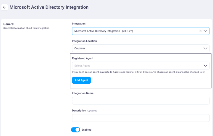 Register Agent option for on-prem integrations