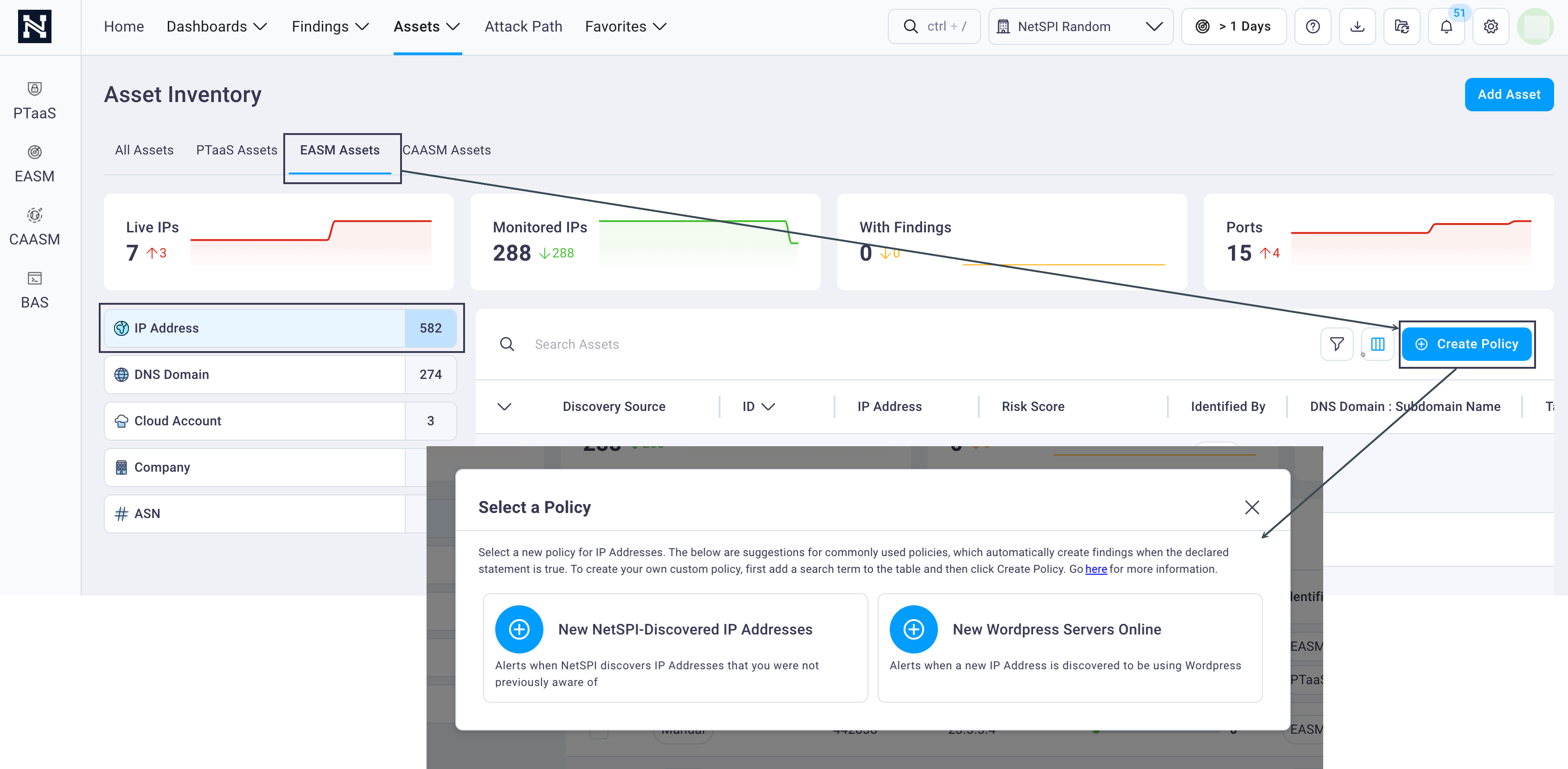 Create Policy Button for IP Address assets