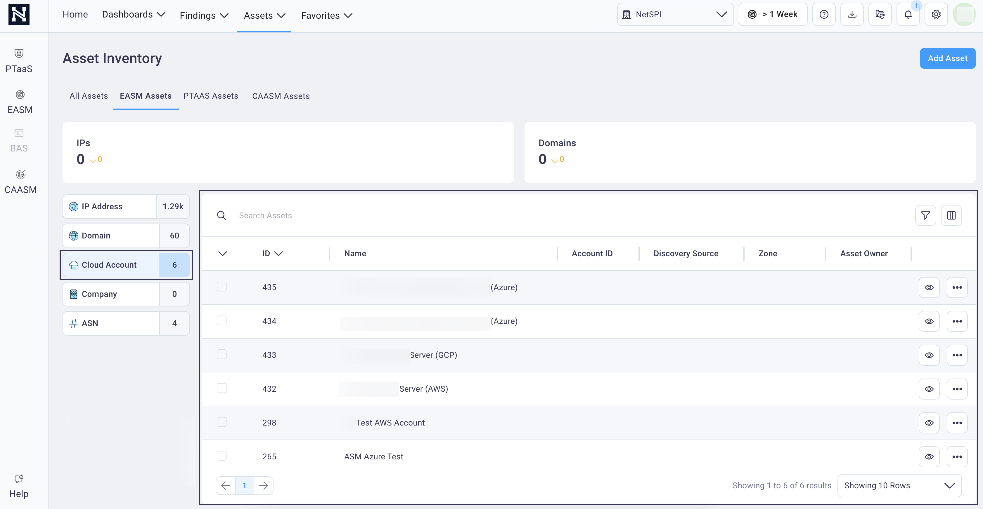 EASM Cloud Account table