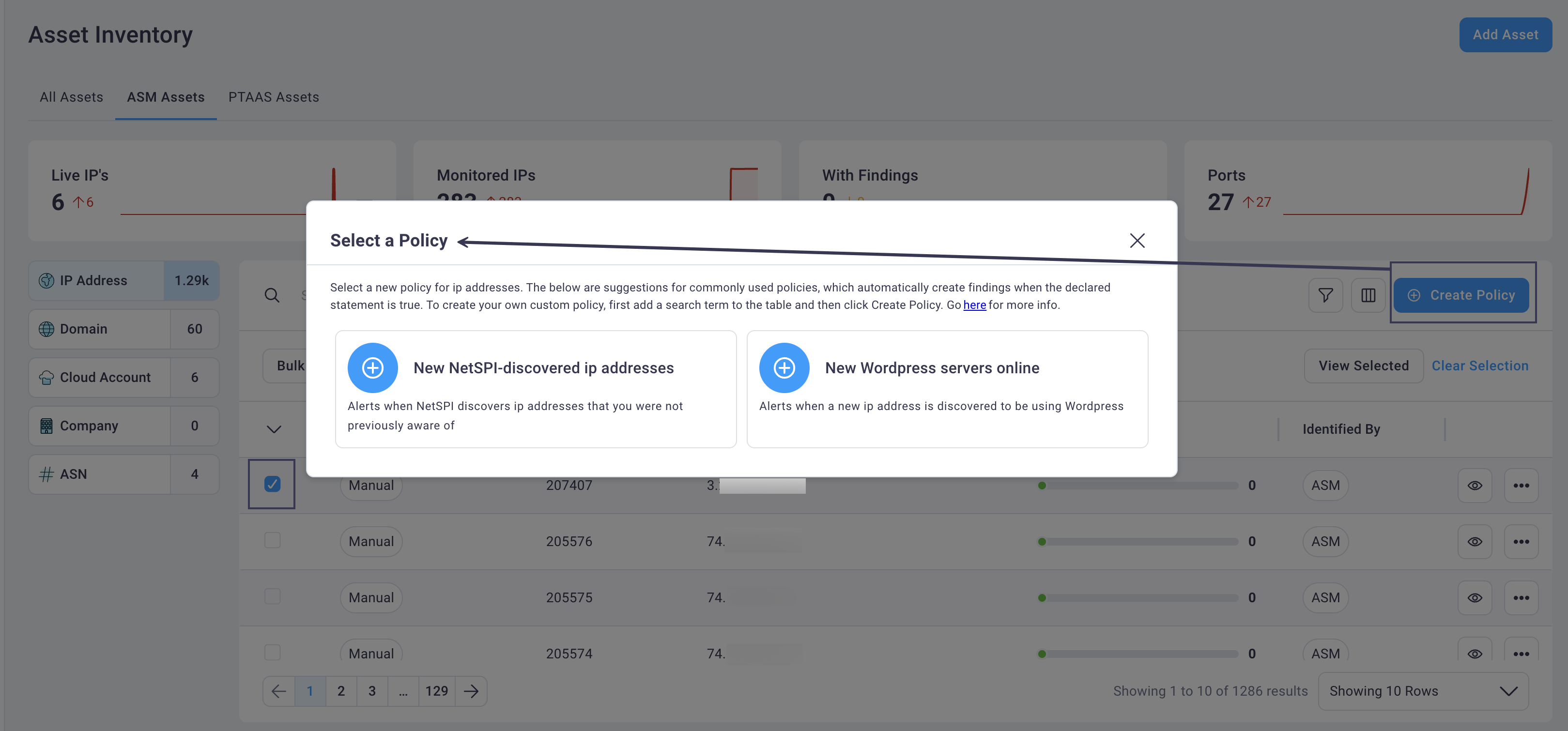 Select asset for a policy