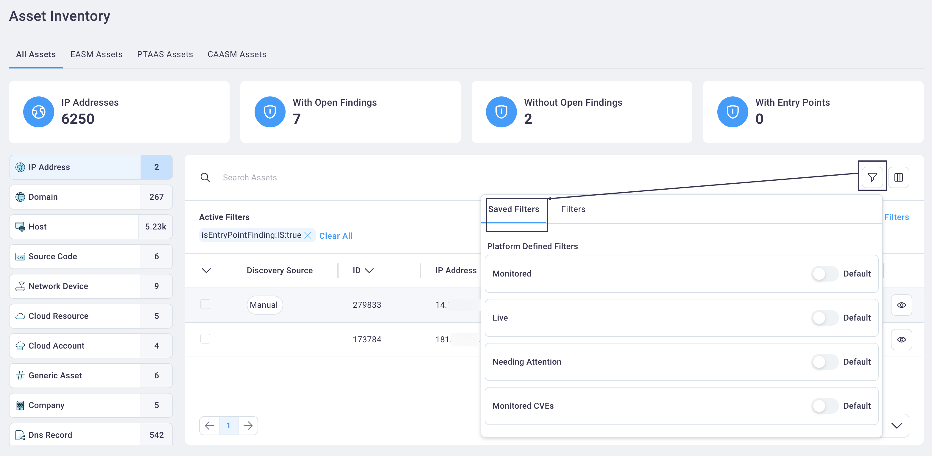 Assets Filters dialog box