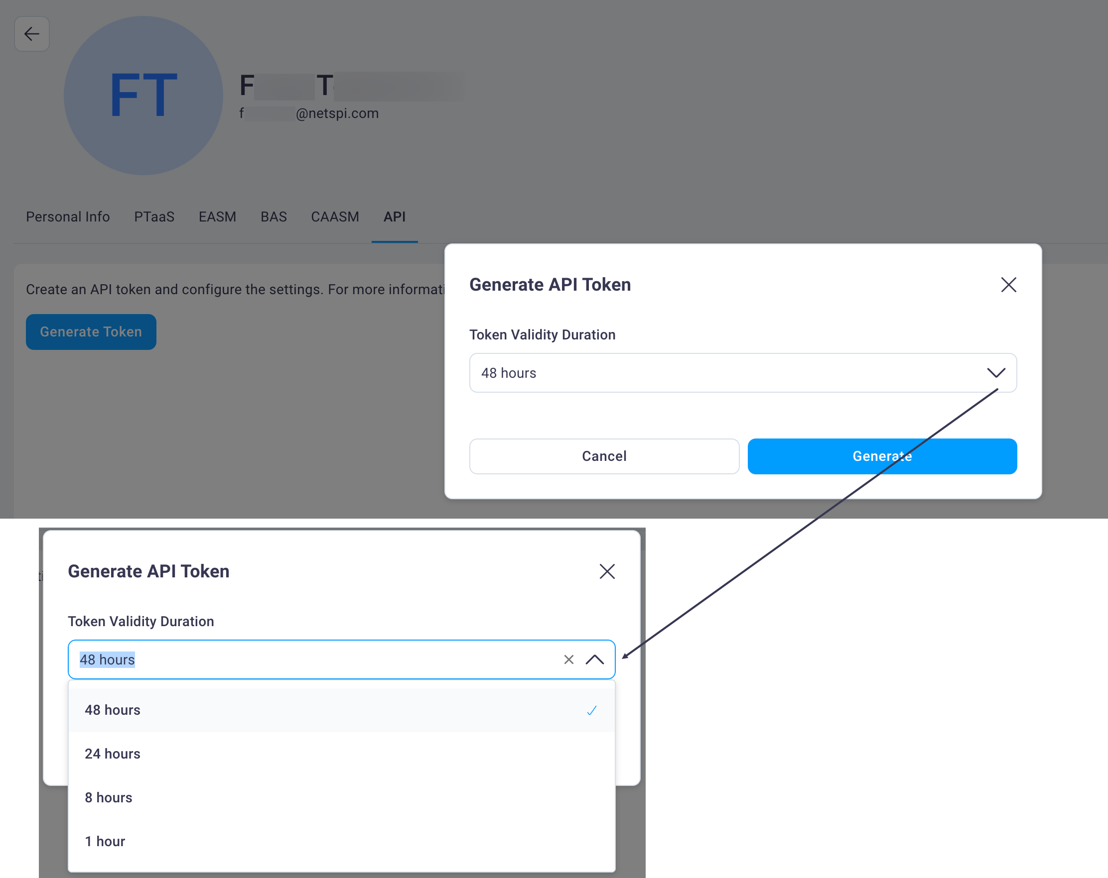 Generate API Token dialog box