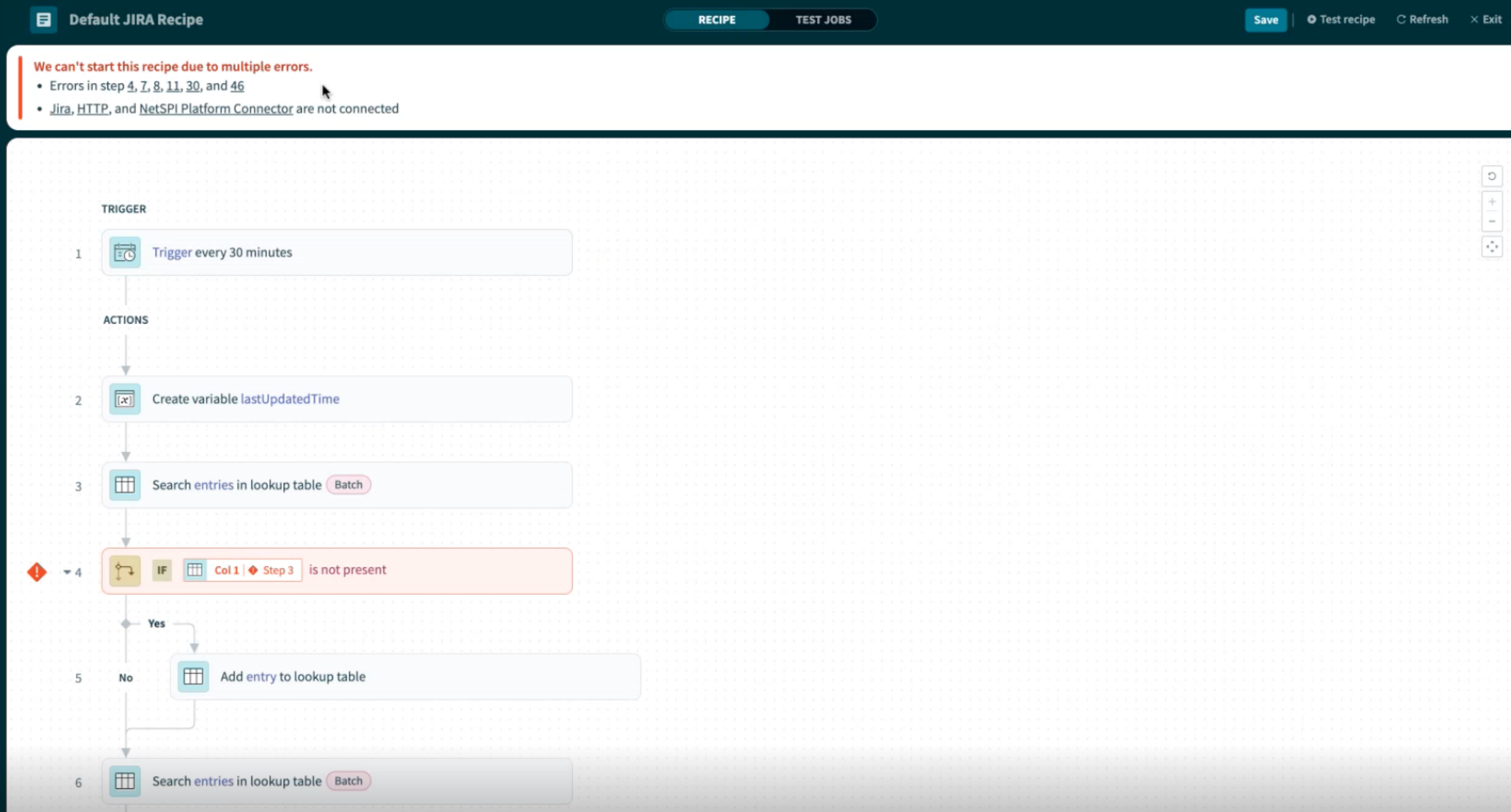 Jira recipe with errors