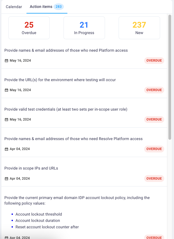 Program management dashboard calendar actions