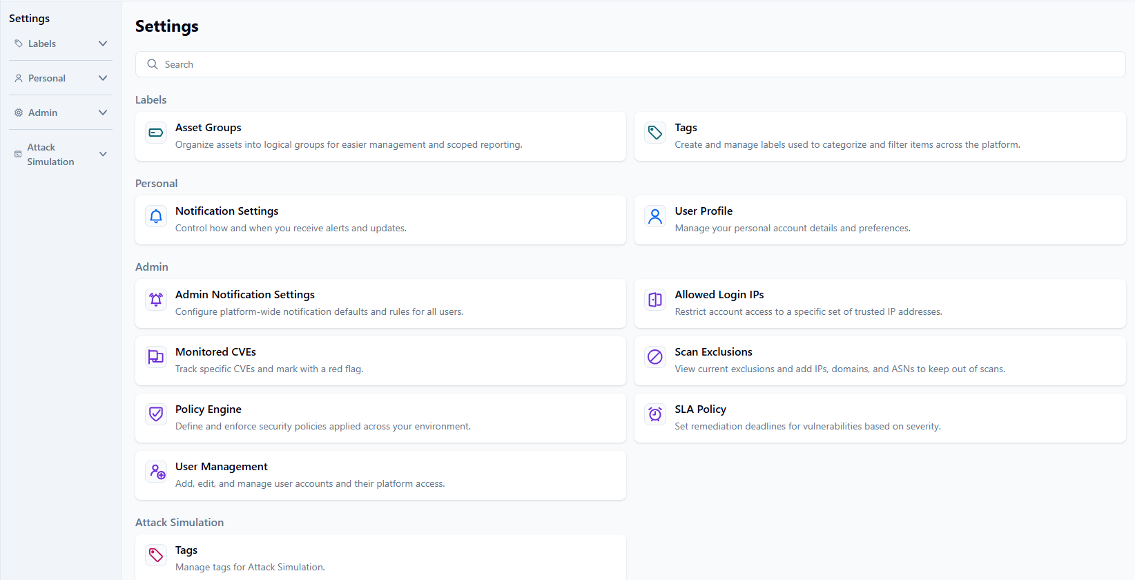 Settings page