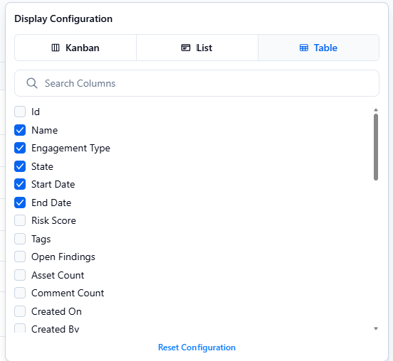Example of table configuration