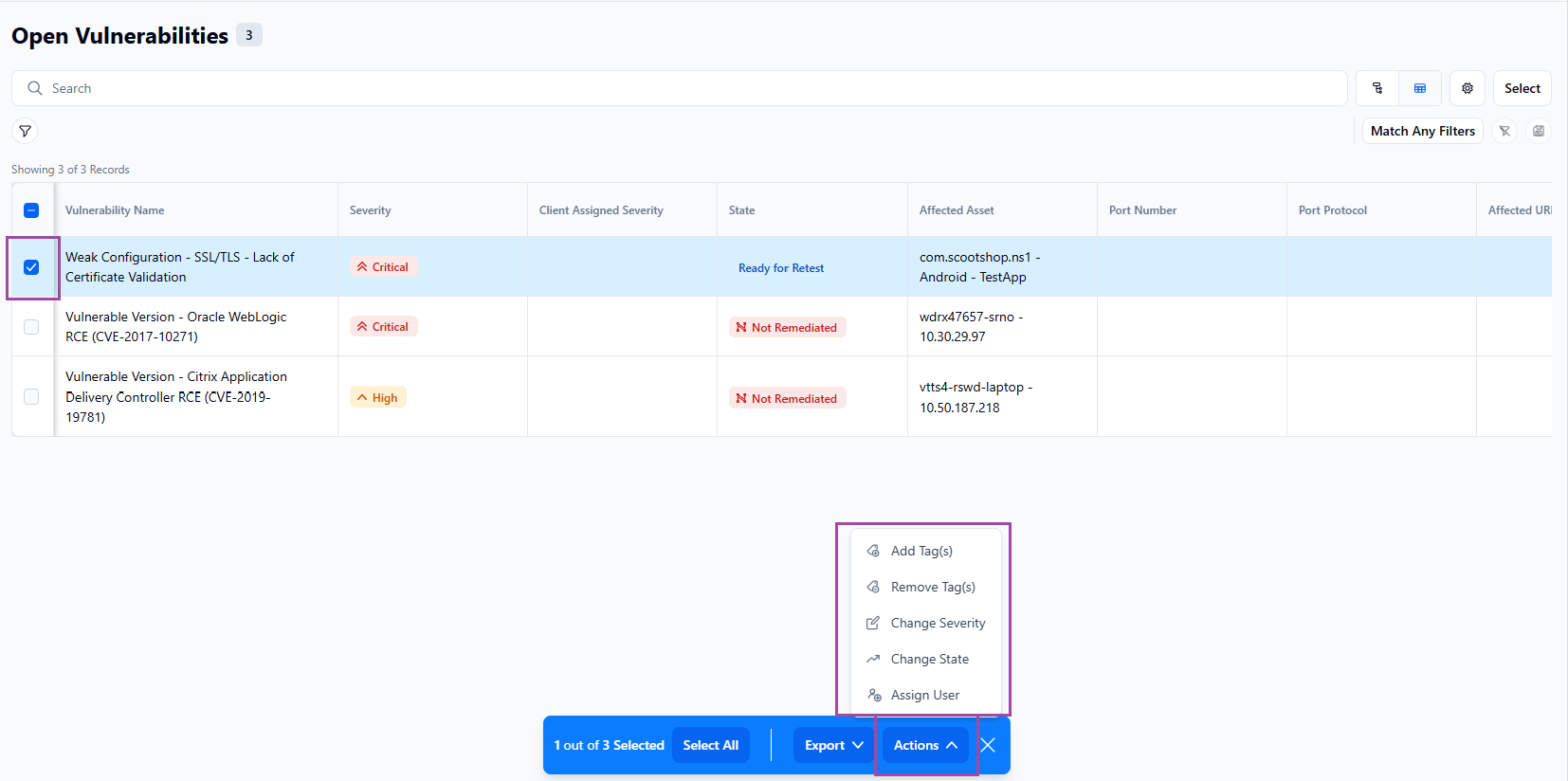 Vulnerabilities actions bar example